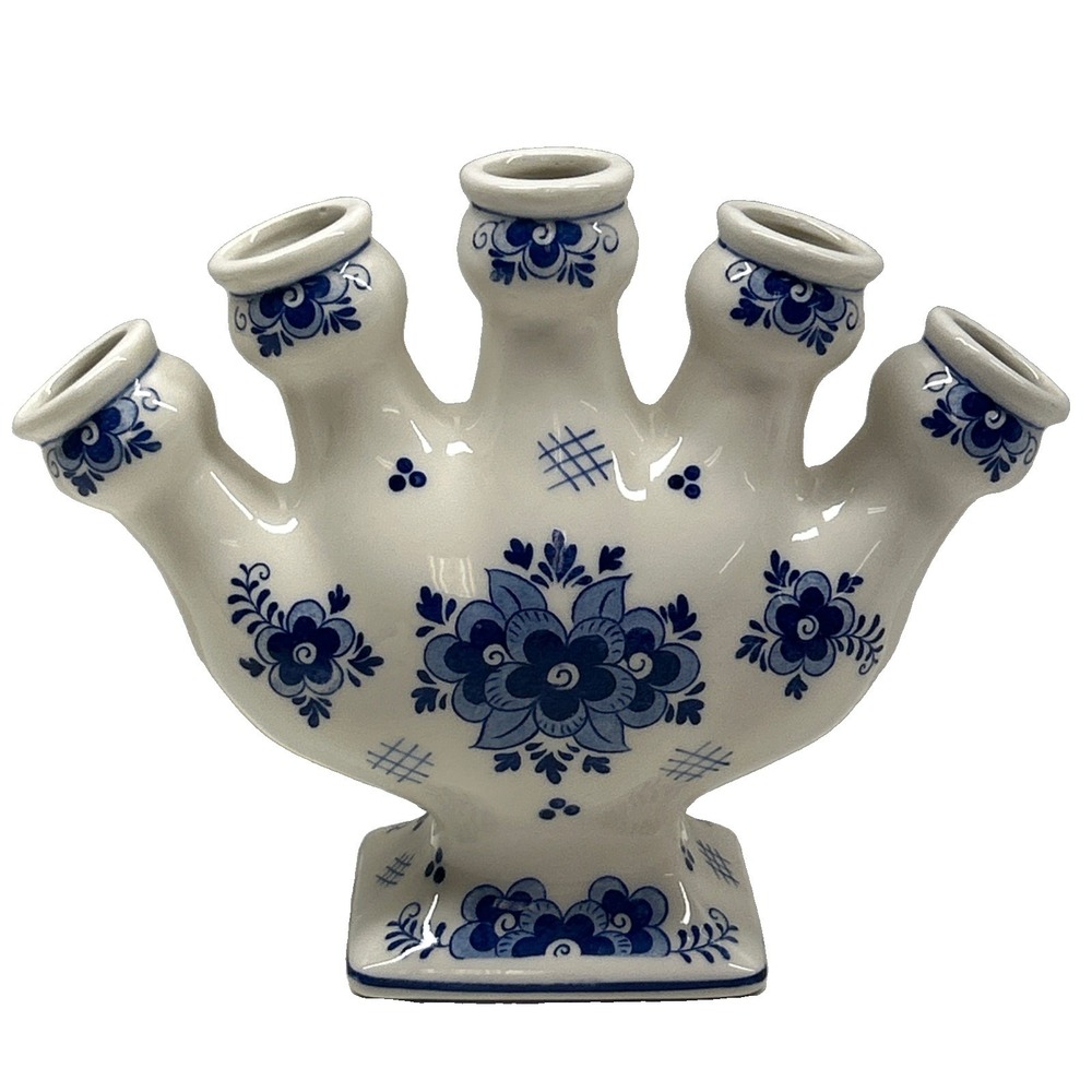 Vintage Delft Blue Hand Painted 5 Arm Candle Holder Candelabra Dutch Floral MINT